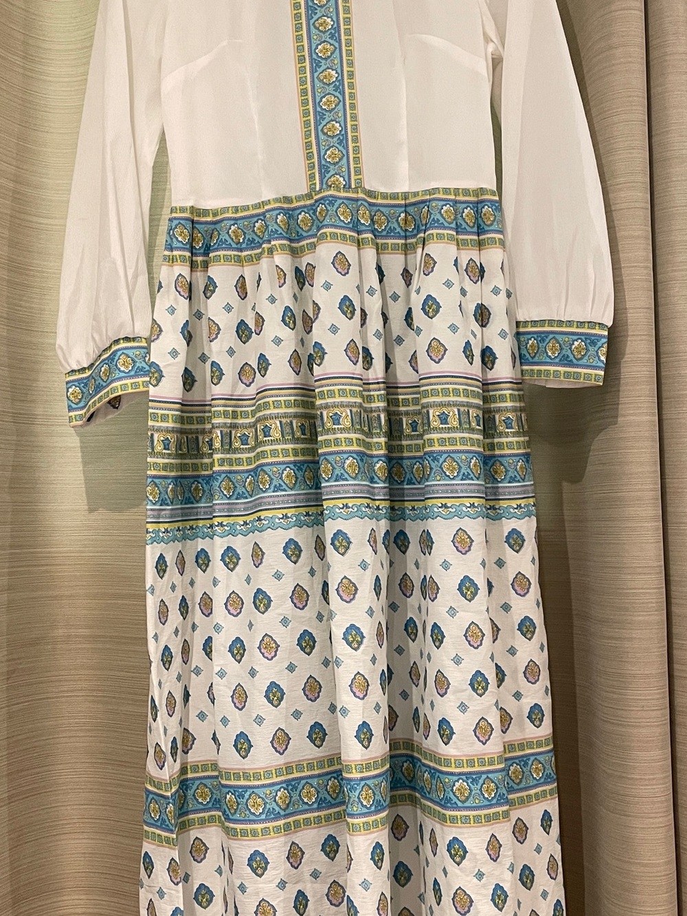 White Maxi Dress with Blue & Green Geometric Border
